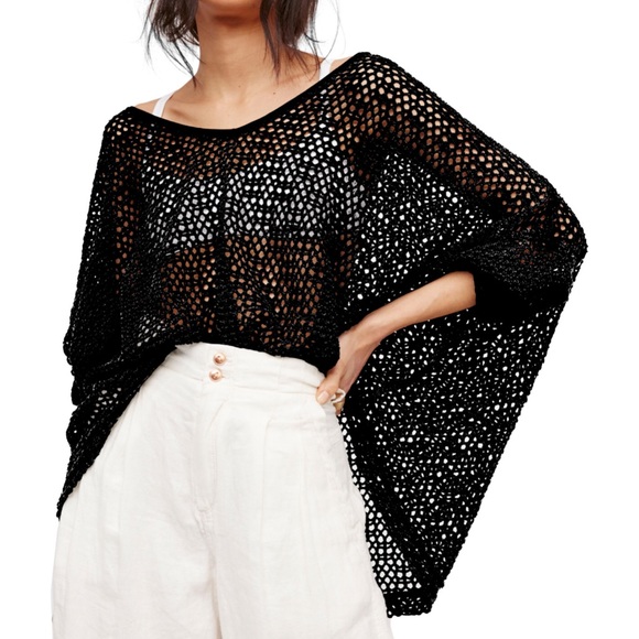 Free People Black Oversized Crochet Knit Sweater - Picture 2 of 5